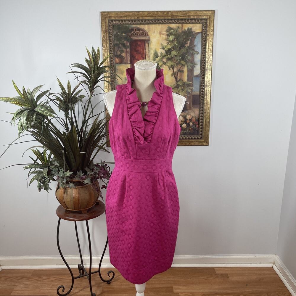 Just Taylor Women' Pink Textured Sheath Dress 6 Ruffle Halter Sleeveless Career